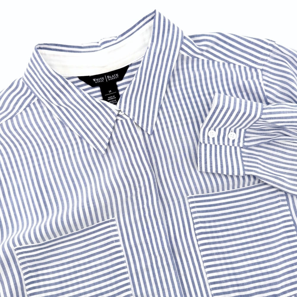 White House Black Market Button Down Women 14 Blue Stripe Excellent Long Sleeve